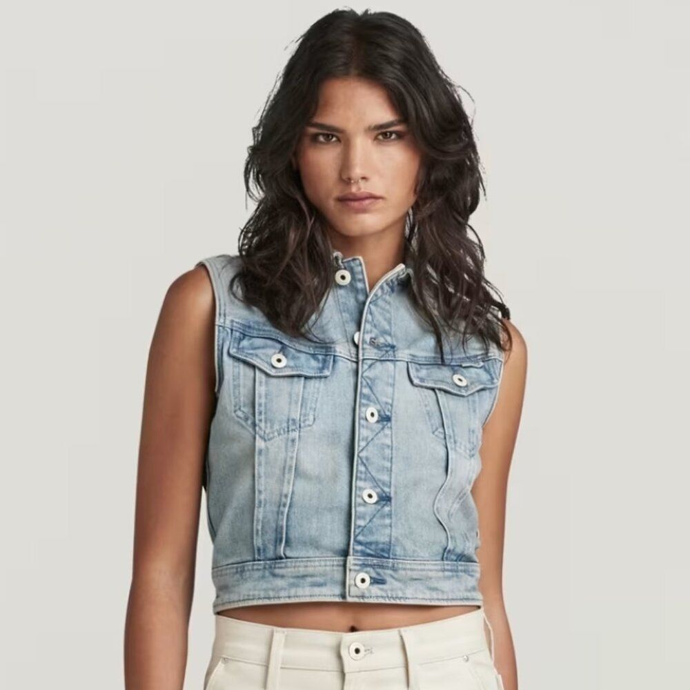 NWT G-Star RAW Women’s Slim Denim Vest Sun Faded Air Force Blue Size Small